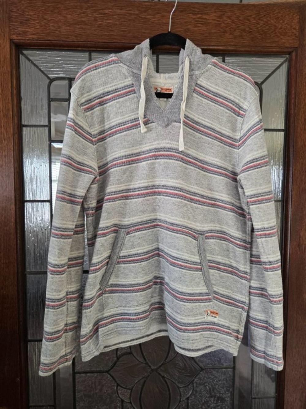 Lucky Brand Gray Striped Hoodie with Red & Blue Accents